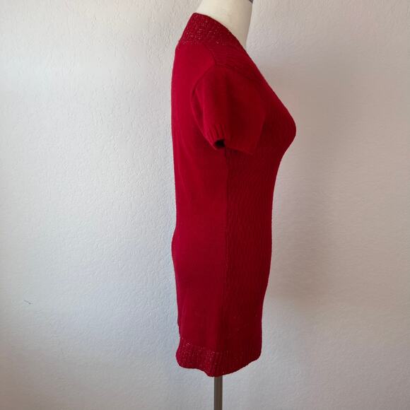 Vintage Y2K Red Knit Bodycon Sweater Mini Dress Short Sleeve Office Siren Medium - Picture 5 of 7